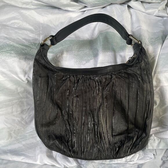 DONALD J PLINER Pleated Textured Black LEATHER HOBO Shoulder Bag - Picture 1 of 10